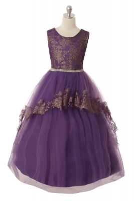Girls Dress Style 1058 - Glamorous Sleeveless Dress with Gold Floral Details in Purple